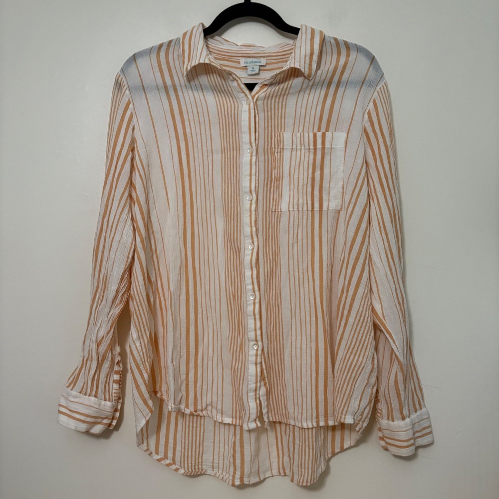 Sundance XL White Tan Gauze Striped Button Down Shirt 100% Cotton Long Sleeve